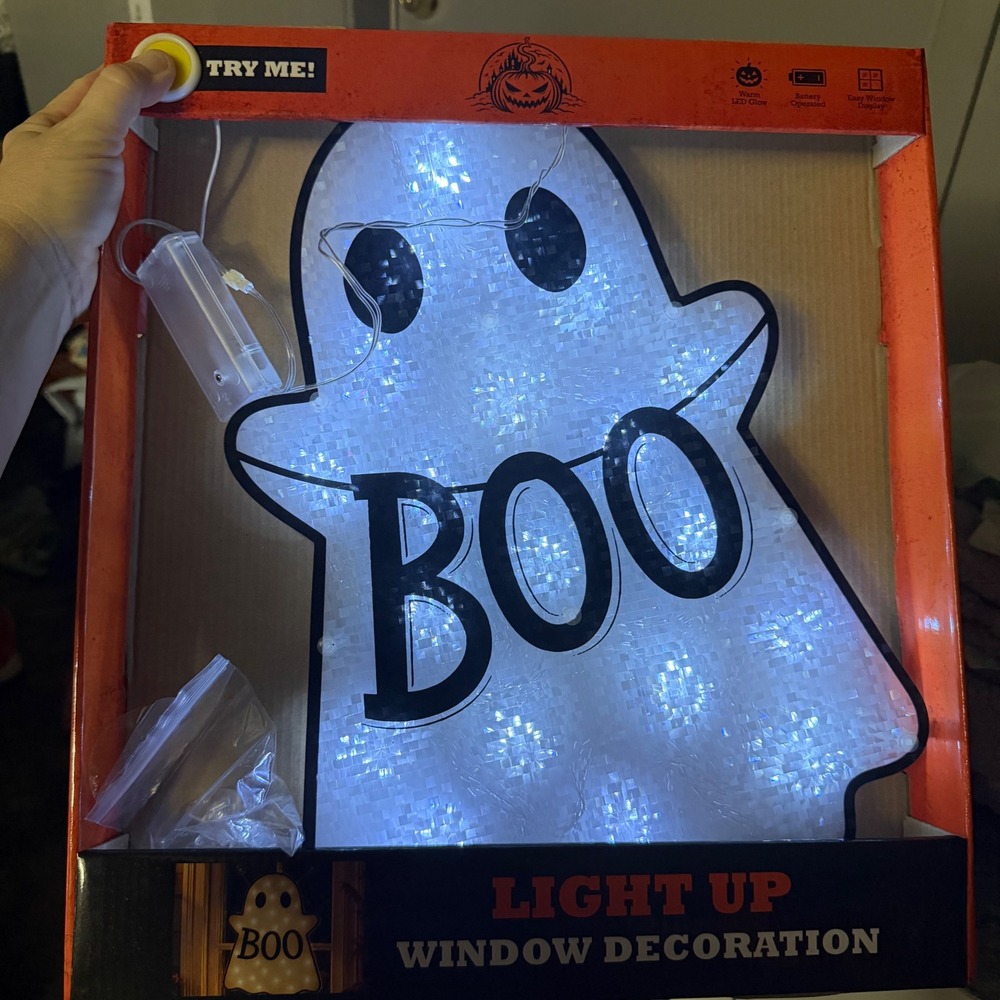 Halloween Light Up Ghost Window Decoration Boo LED Battery Operated 15.5x10.6
